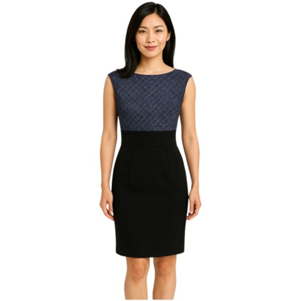 Trina Turk Black Sleeveless Sheath Dress Purple Tweed Bodice Wool Blend …